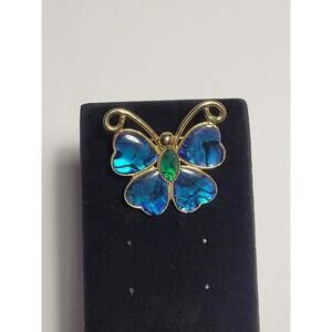 Vintage Gold Tone Faux Abalone Shell Butterfly Brooch Pin Iridescent Blue Green